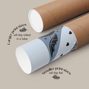 This photo shows the poster rolled in a tube and has the text larger print sizes will ship rolled in a tube and smaller print sizes will ship flat