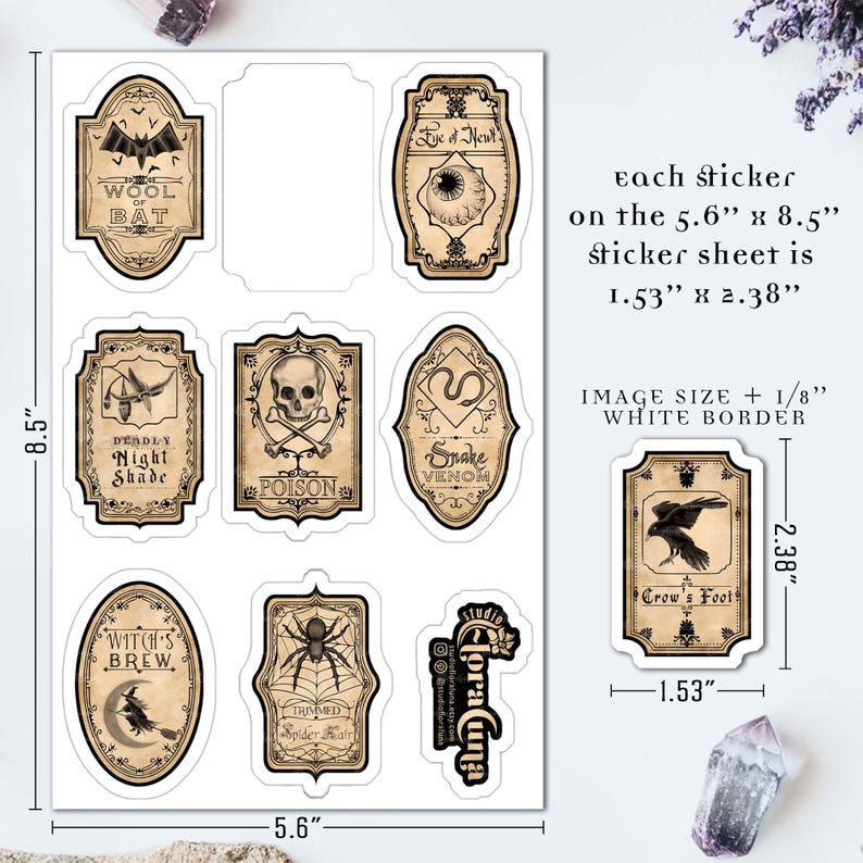 Each sticker on the 5.6” x 8.5” sticker sheet is 1.53” x 2.38” (which includes the 1/8” white border around each sticker)