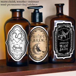 Each potion bottle label has a matte finish, is weather-resistant, and is a semi-permanent vinyl sticker