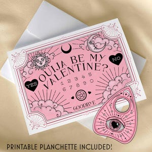 Stampabile Ouija Valentine con Planchette, inquietante e carino biglietto di anniversario 5x7, biglietto d'amore gotico pastello Witchy, saluto con tavola degli spiriti di Valloween