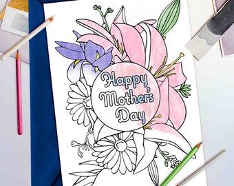 Printable Coloring Mothers Day Card Flower Bouquet for Mom Gift Classroom Craft Activity