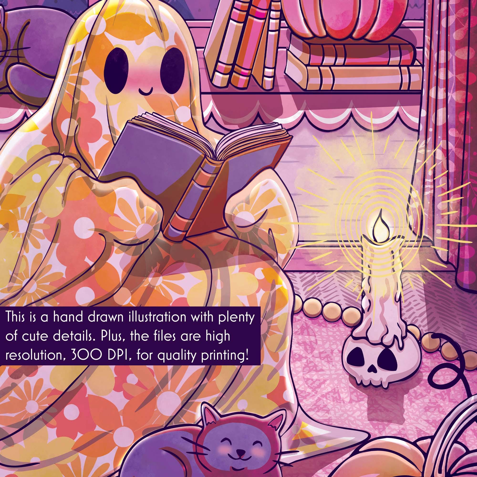 Cute Ghost Reading Print Pastel Goth Halloween Decor Bookish Kawaii ...