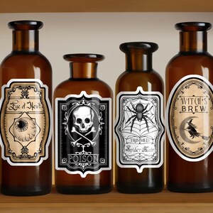 8 apothecary labels available in 2 sticker sheet sizes and 3 color options (antique, white and black and invert black and white). Witch’s brew, snake venom, wool of bat, crow’s foot, deadly night shade, poison, spider hair, eye of newt.