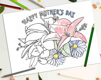 DIY Mothers Day Card Printable Coloring Card Floral Handmade Mothers Day Card Classroom Craft Gift From Kids Flowers for Mom