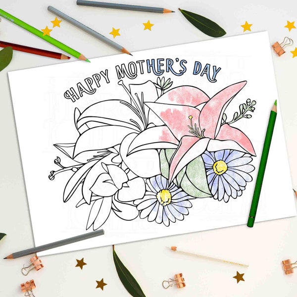 DIY Mothers Day Card Printable Coloring Card Floral Handmade Mothers Day Card Classroom Craft Gift From Kids Flowers for Mom