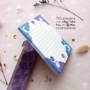 This photo shows the side of the notepad with the text, 50 pages that are college ruled lined for easy notetaking.