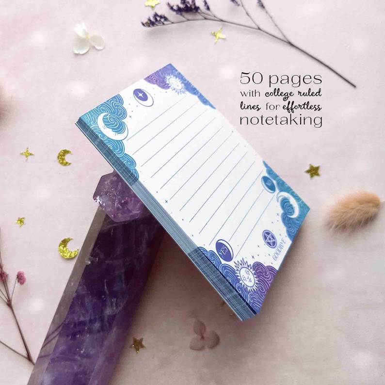 This photo shows the side of the notepad with the text, 50 pages that are college ruled lined for easy notetaking.