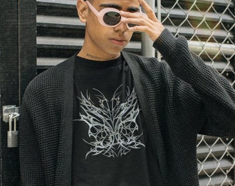 Cyber sigilism y2k agrogoth streetwear Tshirt UNISEX | Alternative clothing brand Tee | Butterfly T-shirt | Silver Grunge Punk shirt design