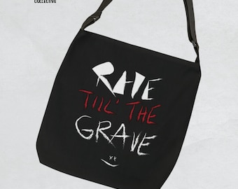 Rave techno tote bag with Adjustable strap | Punk Graffiti Handwritten design | Edgy Unisex Bag | Gift for Berlin Techno Lovers | Big Bag