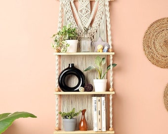 Macrame Wall Hanging - 3 Tier shelf | Boho Shelf Decor | Macrame Wall Decor | Nursery Shelf | Woven Rope Floating Wood Shelves & Storage