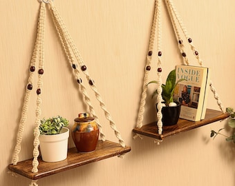 Hanging Shelves - Shelves for Wall Decor | Macrame Wall Hanging Shelf | Window Plant Shelves | Triangle Shelf | Mango Hardwood Shelves