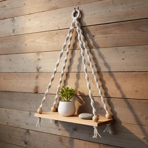 May include: A hanging wooden shelf with a macrame rope design. The shelf holds a small potted succulent and a smooth gray stone. The shelf is suspended from a metal ring and is mounted on a wooden plank wall.