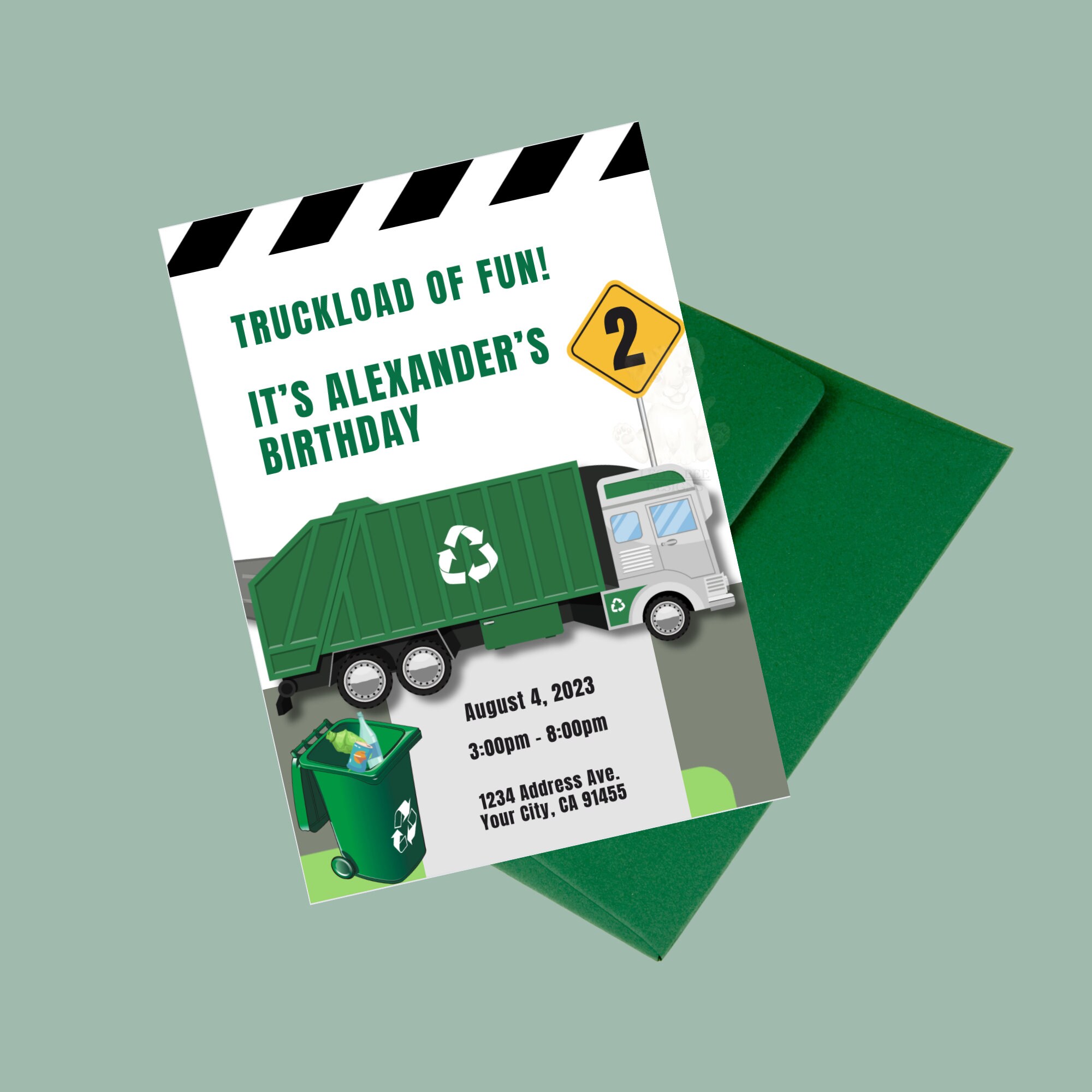 Recycle Truck Birthday Party Invitation, Trash Truck Birthday