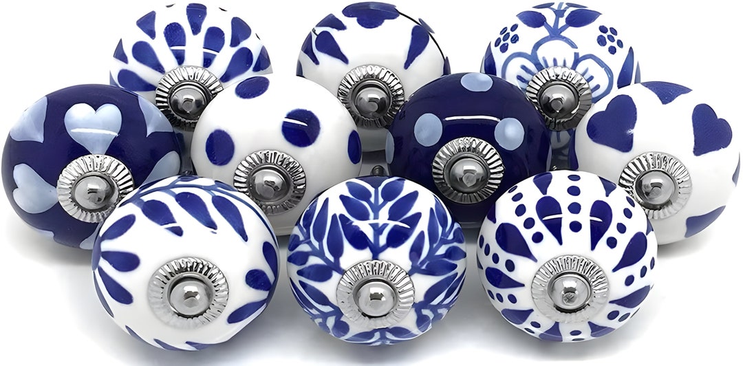 Blue and White Kitchen Cabinet Knobs Hand Painted Drawer Pull Pulls ...