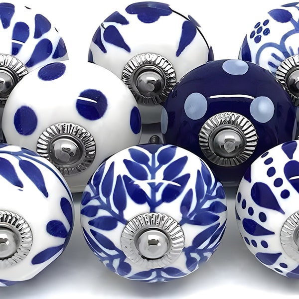 Blue And White Kitchen Cabinet Knobs Hand Painted Drawer Pull Pulls Designer Knob Set Of 10 Pcs