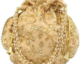 Borsa Potli da sposa in oro Borsa da sera e di design, Regalo per damigella d'onore per ragazze fatta a mano Borsa da sera dorata per feste Borsa Potli da sposa ricamata da donna