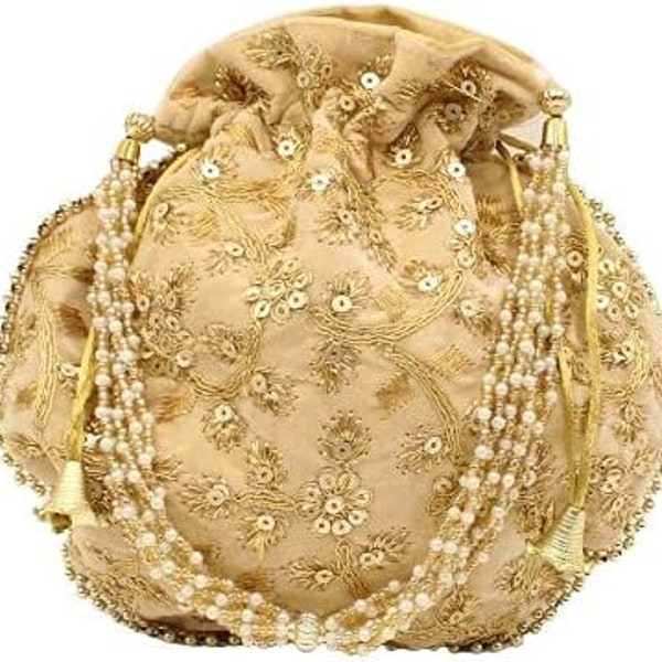 Créateur de sac potli en or mariage et sac de soirée, cadeau de demoiselle d'honneur filles fait main sac de soirée en or brodé potli de mariée femme