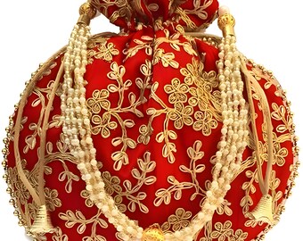 Potli Bag With Beautiful High Quality Pearls Handel-Golden Embroidered Work Bridal Wedding Bag, Ethnic Traditional Party Bags Red And Gold