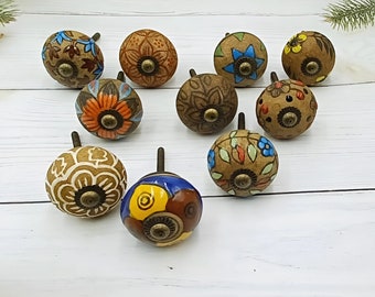Antique Handprinted Set of 10 Drawers Cabinets Knobs For Kitchen Furniture Décor. Vintage Styled Ceramic Knobs And Pulls Dusty Look