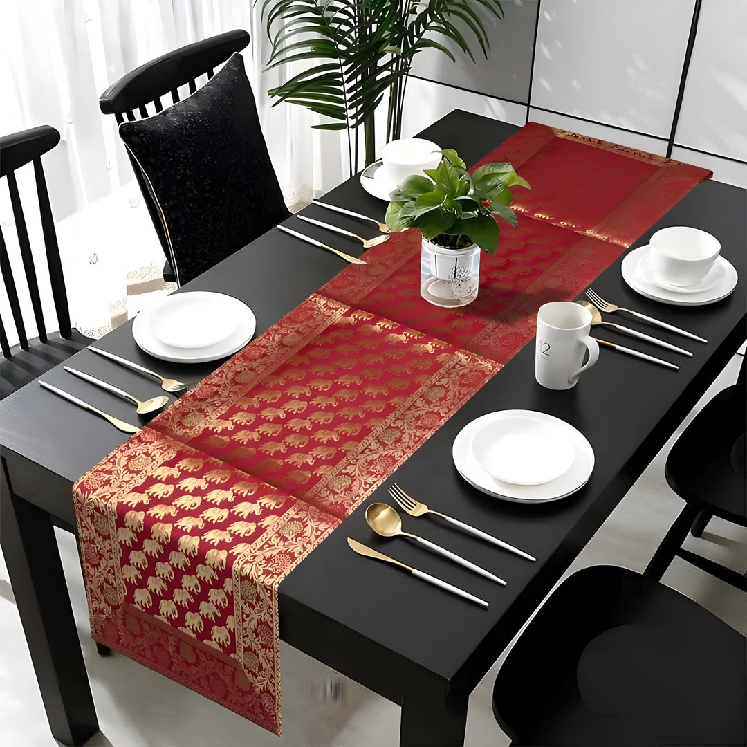 Maroon & Gold Indian Silk Table Runnerhandmade Vintage Elephant Print