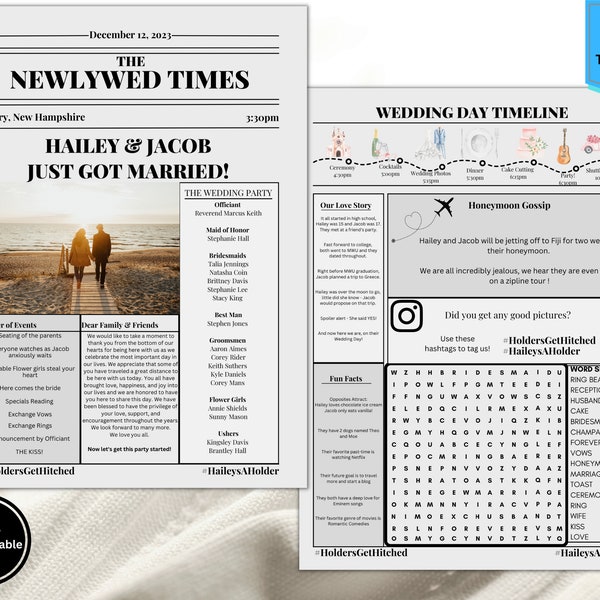 Customizable Newspaper Wedding Program Infographic with Word Search: Creative and Unique Way to Share Your Big Day with Your Guests