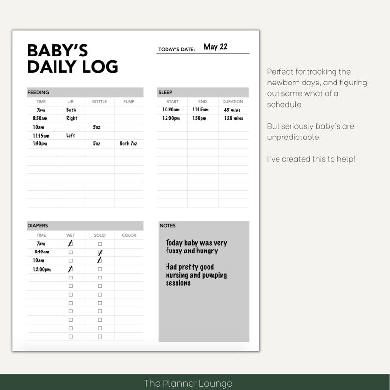 Printable Newborn Care Log Custom Baby's Daily Log for Feeding