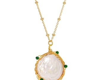 Emerald Pearl Necklace | 18K Gold Vermeil Fresh Water Baroque Pearl Necklace, May Birthstone Necklace