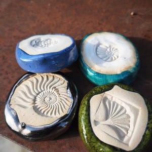Könnte beinhalten: Vier kreisförmige Keramikobjekte mit glasierten Rändern und unglasierten Mitten, die geprägte Designs aufweisen. Die Motive umfassen eine spiralförmige Ammonite, ein Ginkgoblatt und andere botanische Muster in glänzenden Blau-, Türkis-, Schwarz- und Grüntönen.