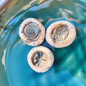Könnte beinhalten: Drei runde, gesprenkelte, cremeweiße Keramiksteine mit vertieften Mitten. Jeder Stein zeigt ein markantes, blau-grün glasiertes Design: eine Spirale, ein Ammoniten-Fossil-Muster und die Silhouette einer Libelle.