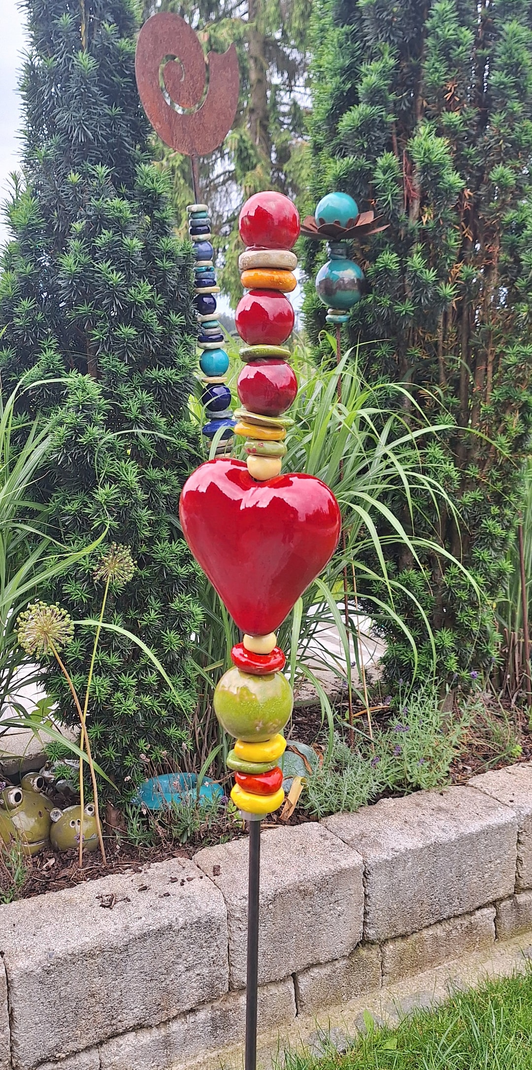 Ceramic Stele, Garden Stele, With Large Heart, Red, Green and Yellow