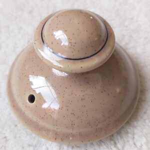 May include: A beige ceramic lid with a small, rounded top and a larger, domed base. The lid has a speckled pattern and a black line detail on the top. A small hole is visible on the base.