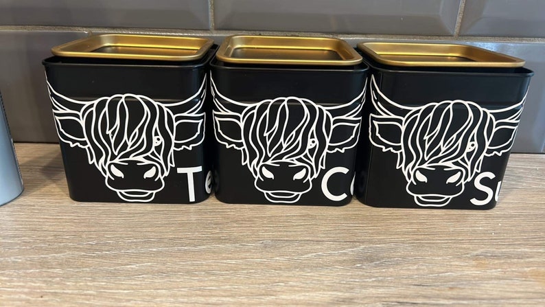 unusual tea coffee sugar jars black Highland cow design