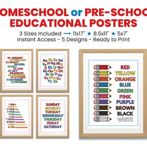 Homeschool Educational Posters, Set of 5 Preschool Posters, Montessori Classroom Decor, Rainbow Kids Decor, Playroom Decor, Digital Download