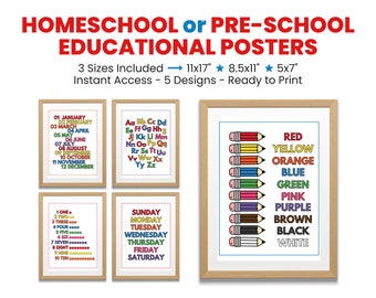 May include: Five printable educational posters for preschool or homeschool. The posters feature colorful text and illustrations. The posters include the alphabet, days of the week, numbers 1-10, months of the year, and colors with pencils.