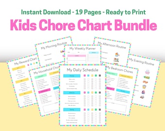 May include: A printable chore chart bundle for kids with colorful pages featuring different routines and schedules, including a reward chart, morning routine, household chores, weekly planner, daily schedule, afternoon routine, evening routine, and bedroom chores.