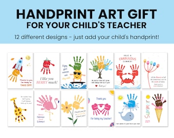 Puede incluir: Doce diseños de arte de huellas de manos imprimibles para maestros. Cada diseño presenta un tema de verano diferente, como un cohete, una fresa, un flamenco, un cangrejo y una ballena. El texto en las tarjetas incluye frases como "¡Gracias a ti, estoy listo para despegar!" y "¡Que tengas un verano cangrejo-buloso!"