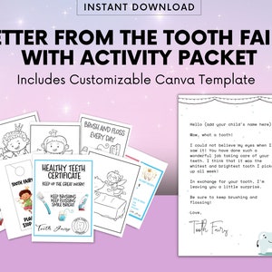 Lettre imprimable de la fée des dents, modèle de canva modifiable de la fée des dents Mini lettre, reçu de la fée des dents, kit d'activité, arrêt de la fée des dents ici