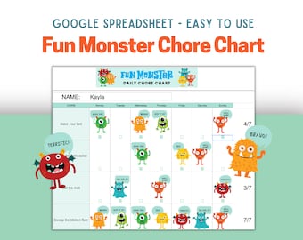 May include: A printable chore chart with a monster theme. The chart is designed to help children learn responsibility and track their daily tasks. The chart includes a space for the child's name, a list of chores, and a calendar grid with colorful monster illustrations for each day of the week.