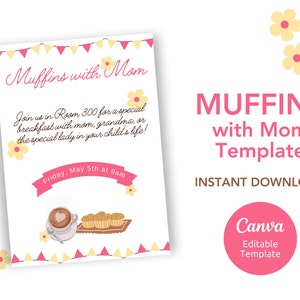 Muffins con invitación de mamá, plantilla Canva, folleto de muffins con mamá, invitación de muffins con mamá, descarga instantánea, plantilla de Canva editable