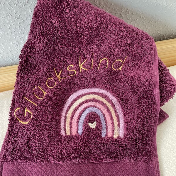 Kinderhandtuch personalisiert Handtuch Kinder bestickt Name Glückskind, Regenbogen, Gästehandtuch, flauschig, Stickerei, 35x60cm