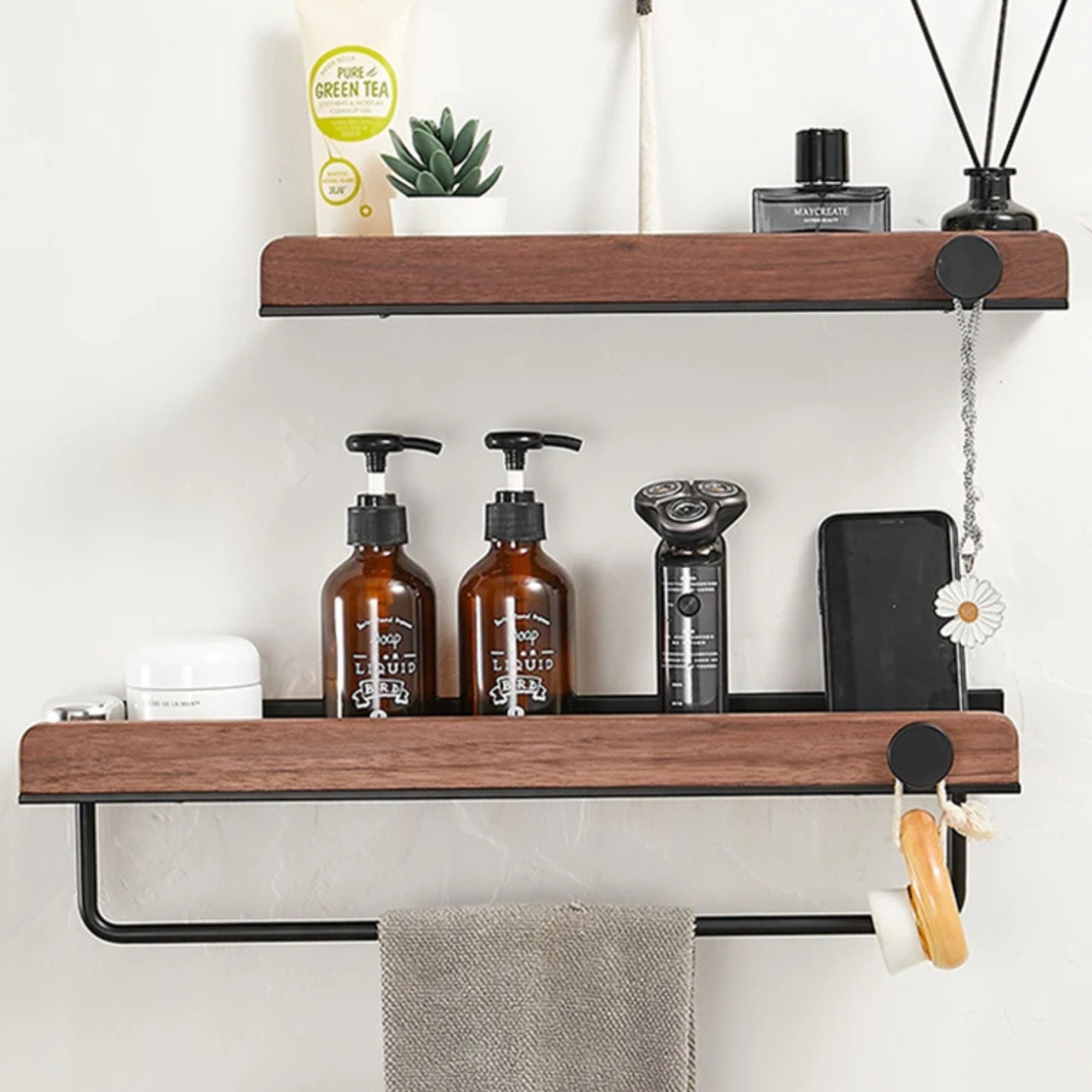 Bathroom Organizer Wall Shelf With Towel Hooks – KBNDecor