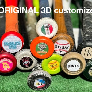The ORIGINAL 3D Personalized Bat Knob Decal made to fit ANY bat knob! Custom made stickers for baseball/softball bat knobs.