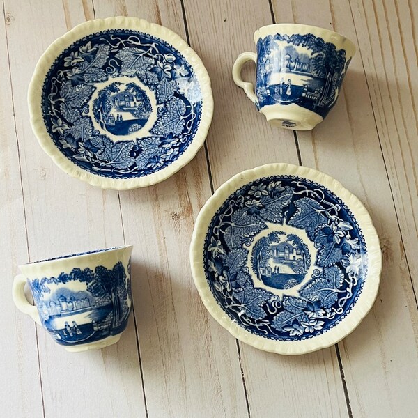 English Antique Mason’s Teacup Blue Vista Circa 1891-1932 Ironstone (Set of 2)