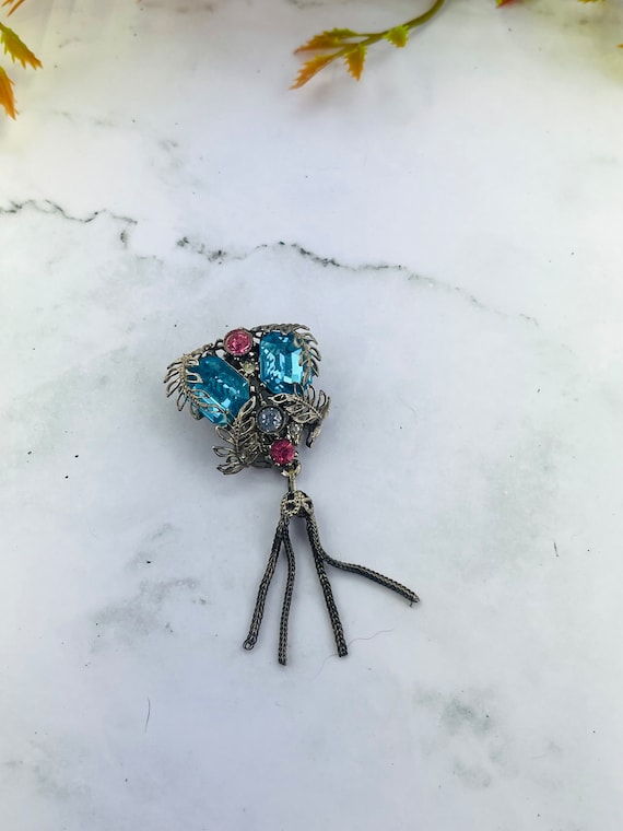 Vintage Pink and Blue Rhinestone Brooch Pin