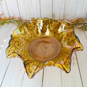 Amber Iridescent Fenton Daisy and Button Carnival Glass Ruffled Bowl