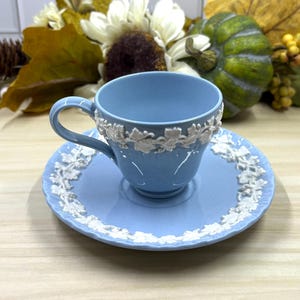 Wedgewood Embossed Queensware Blue Tea Cups & Saucers England