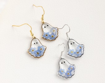 Forget Me Not Flower Ghost Resin Earrings, Ghost Charm Earrings, Handmade Real Flower Jewelry, Ghost Jewelry, Birthday Gift, Halloween Gift