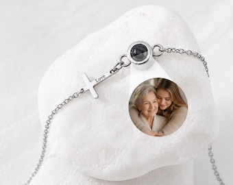 Personalized Cross Projection Bracelet, Custom Photo Bracelet with Engraved Cross Charm, Christian Faith Jewelry, Memorial Gift
