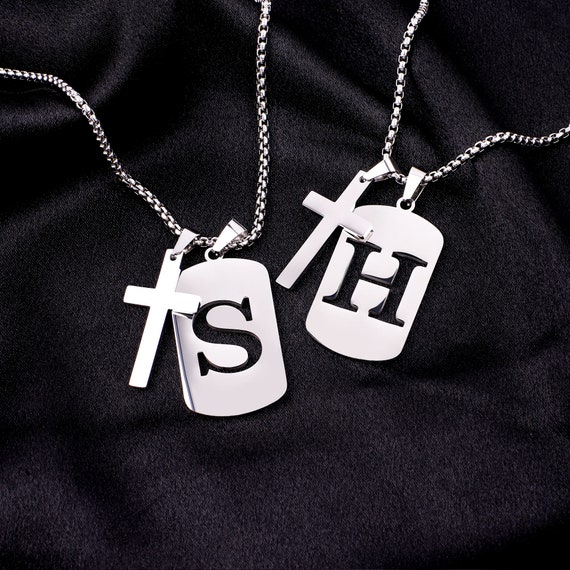 Custom Initial Dog Tag Necklace for Men, Silver Cross Necklace for
