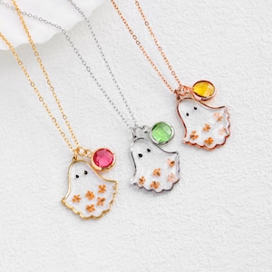Custom Birthstone Ghost Necklace, Ghost Charm Necklace, Handmade Flower Jewelry, Unique Birthday Gift, Personalized Halloween Gift for Her